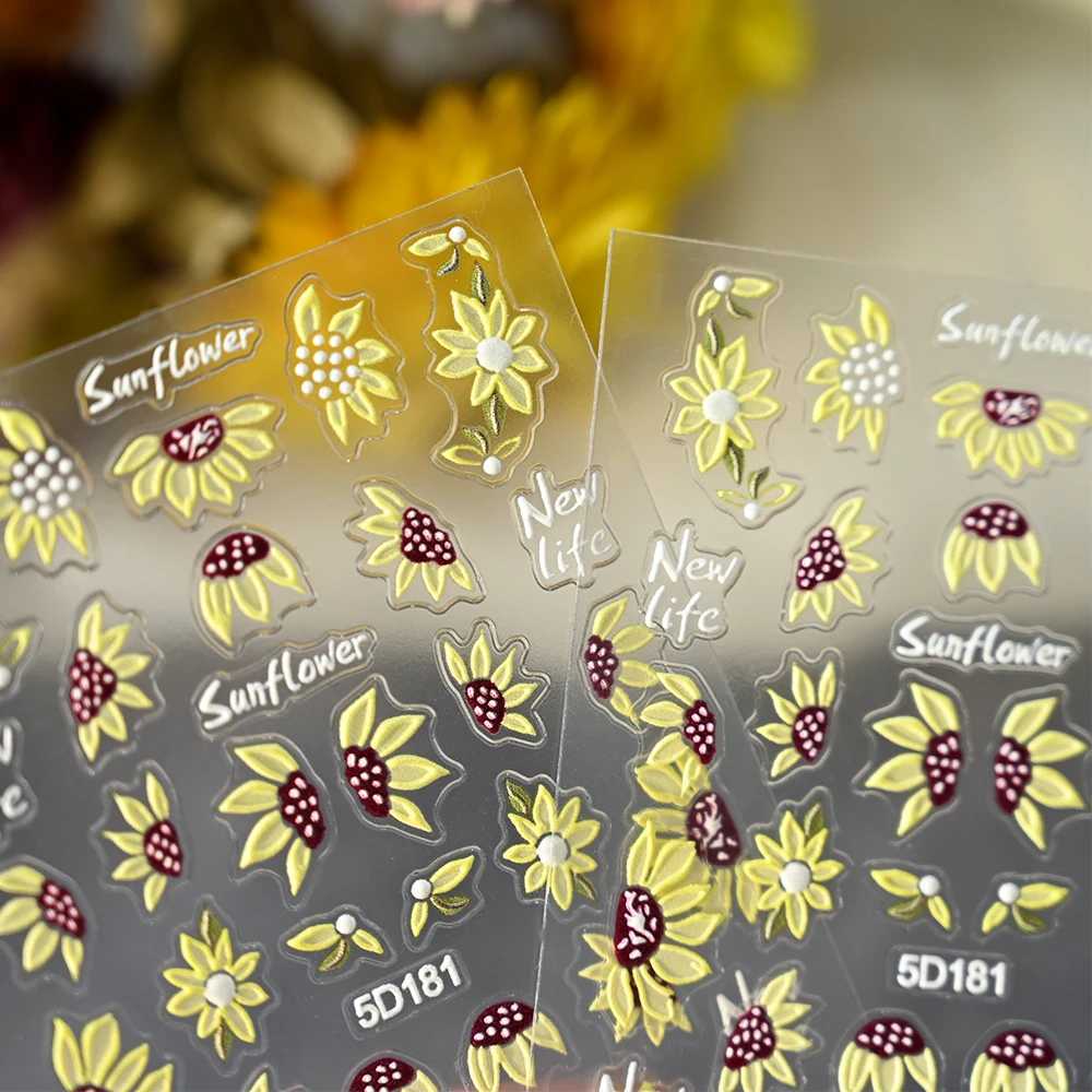 5D Sunflowers Nail Stickers Fall Design Floral Butterfly Bee Nail Decal Self-adhesive Embossed Sliders Manicure Decor NK5D-181G%XJ250120