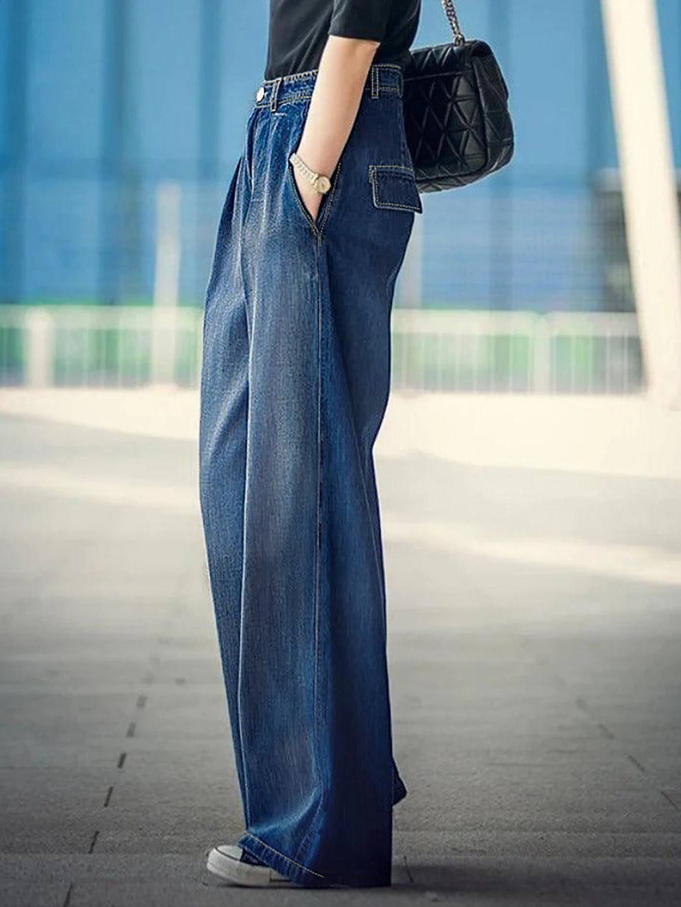 Womens Loose Wide Leg Jeans High Rise Straight Korean Trousers Relaxed Fit Stitching Mopping Denim Pants 250120