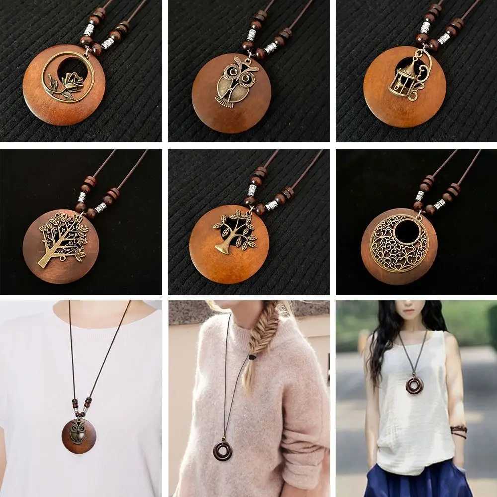 Ethnic Round Wooden Leaf Owl Long Sweater Chain Retro Necklace Women Clock Pendant Female Jewelry Neck Accessories Gifts CollarXJ250121