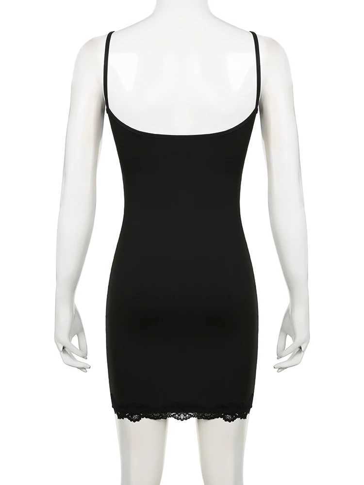 IAMSURE Sexy Solid Lace Trim Bodycon Dress Slim Slash Neck Sveless Mini Dresses For Women 2024 Summer Fashion Streetwear LadyXJ250115