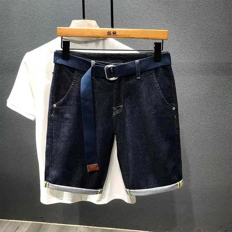 Summer Cargo Mens Casual Knee-length Denim Shorts Solid Deep Blue Color with Large Pockets Streetwear Classic Jeans Shorts Male X250203