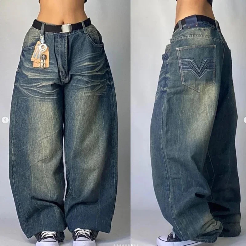 Y2K American Washed Blackgray Baggy Jeans Harajuku Style Korean Women Retro Gothic Straight High Unisex Waist Wide Pants 250122