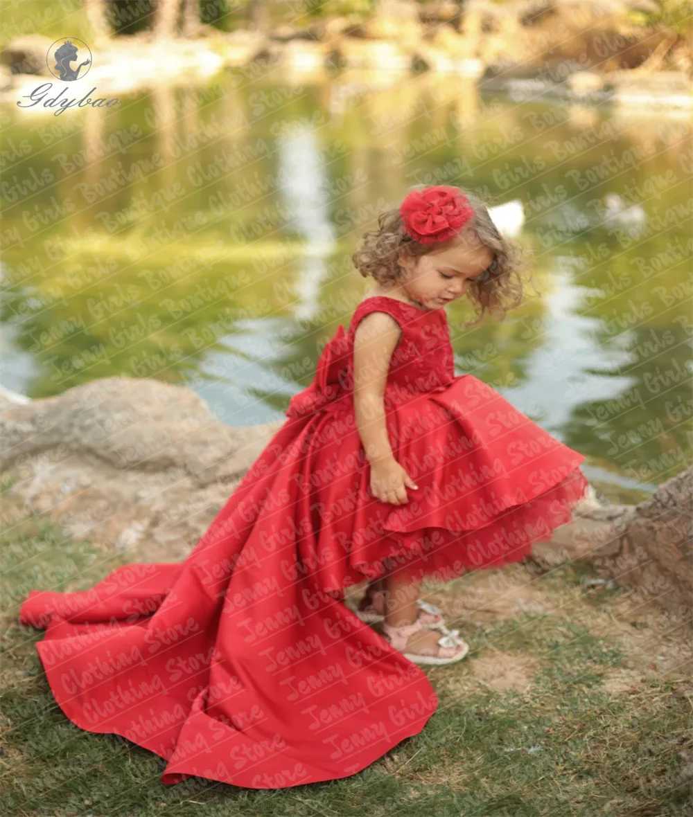 Red Satin Big Bow Cute Little Girl Christening Dress Host Assymetrical Flower Girl Dress Suitable for Birthday Photography X250203