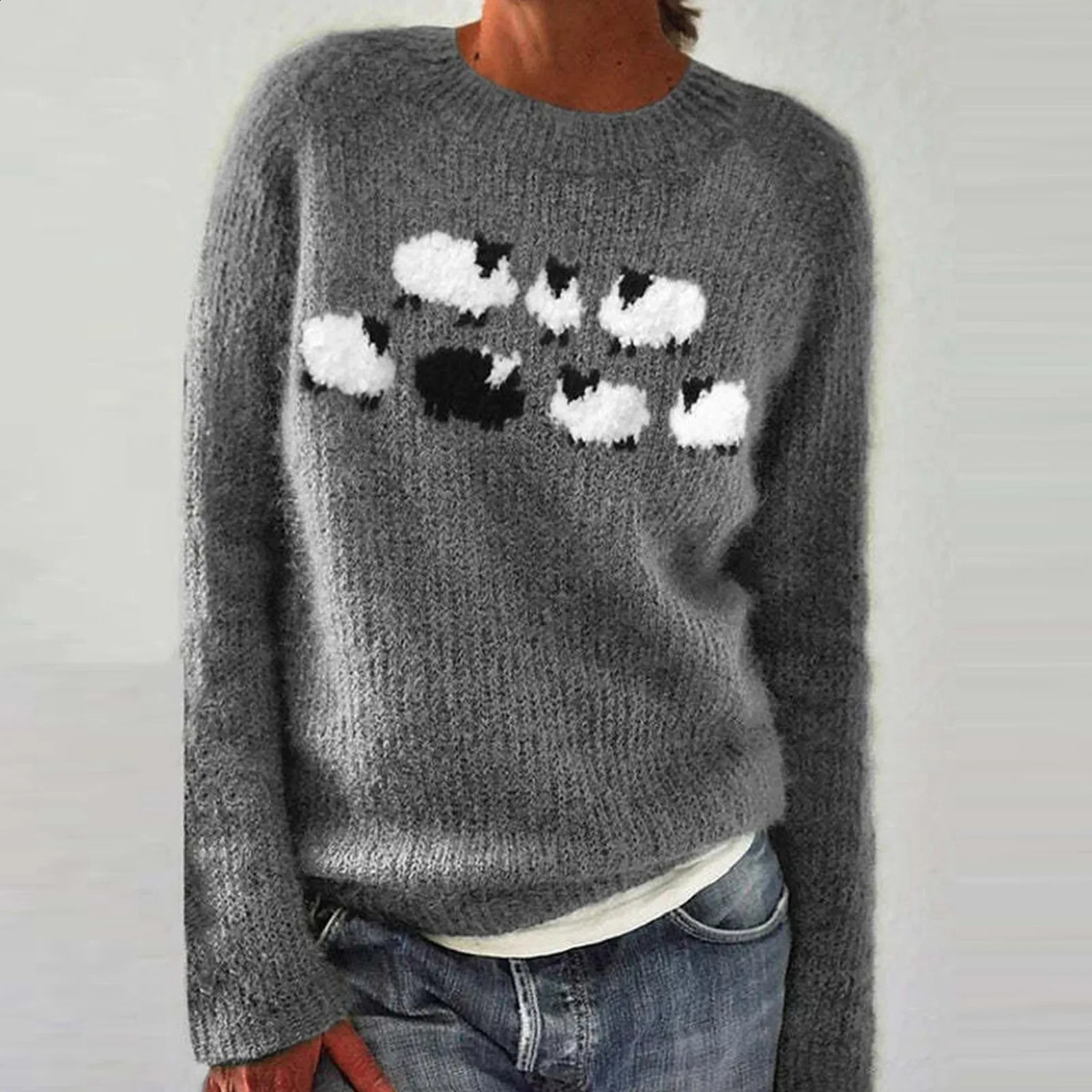 Fashion Womens Knitted Sweater Autumn Winter Print Long Sleeve Crew Neck Pullover Large Size Warm Top For Female 250114