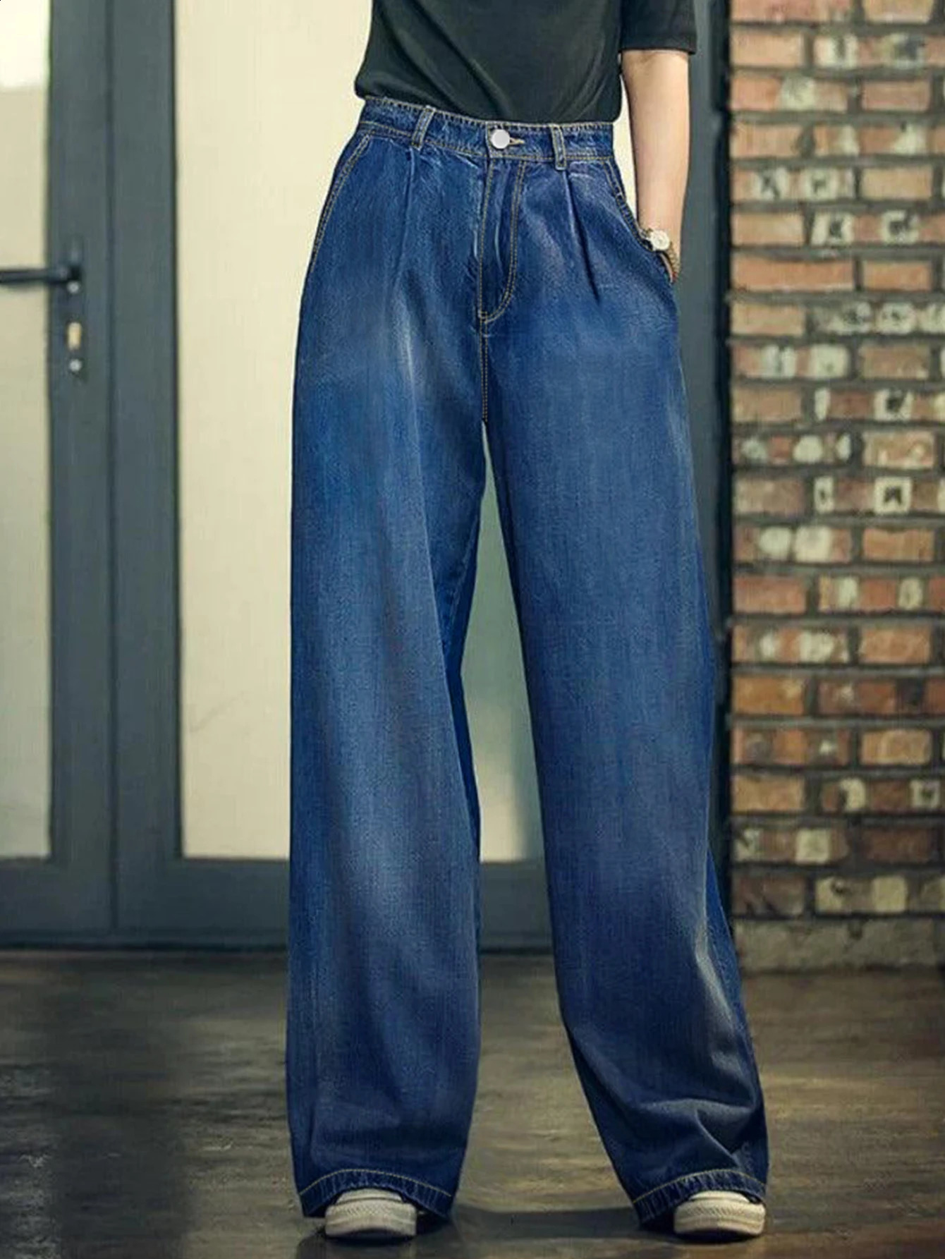 Womens Loose Wide Leg Jeans High Rise Straight Korean Trousers Relaxed Fit Stitching Mopping Denim Pants 250120