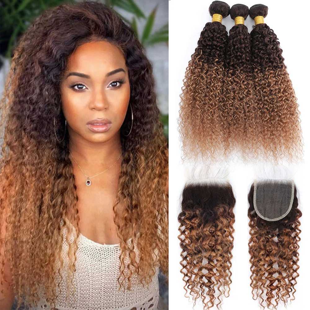 Ombre Curly Bundles With Clo T4/30 Colored Human Hair Bundles With Clo Brazilian Kinky Curly Hair Bundles With CloXJ250120