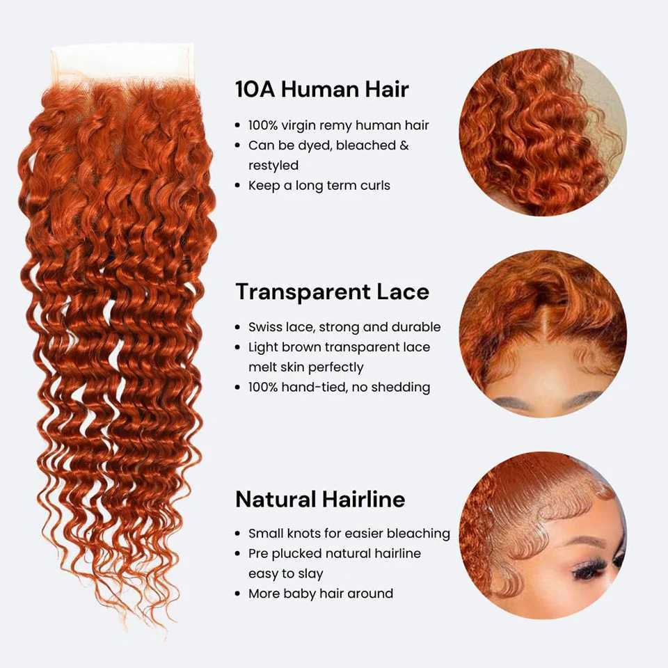 Ginger Orange #350 Deep Wave Human Hair Bundles With Clo Brazilian Virgin Human Hair Weave Curly 4x4 13x4 Front HD CloXJ250120