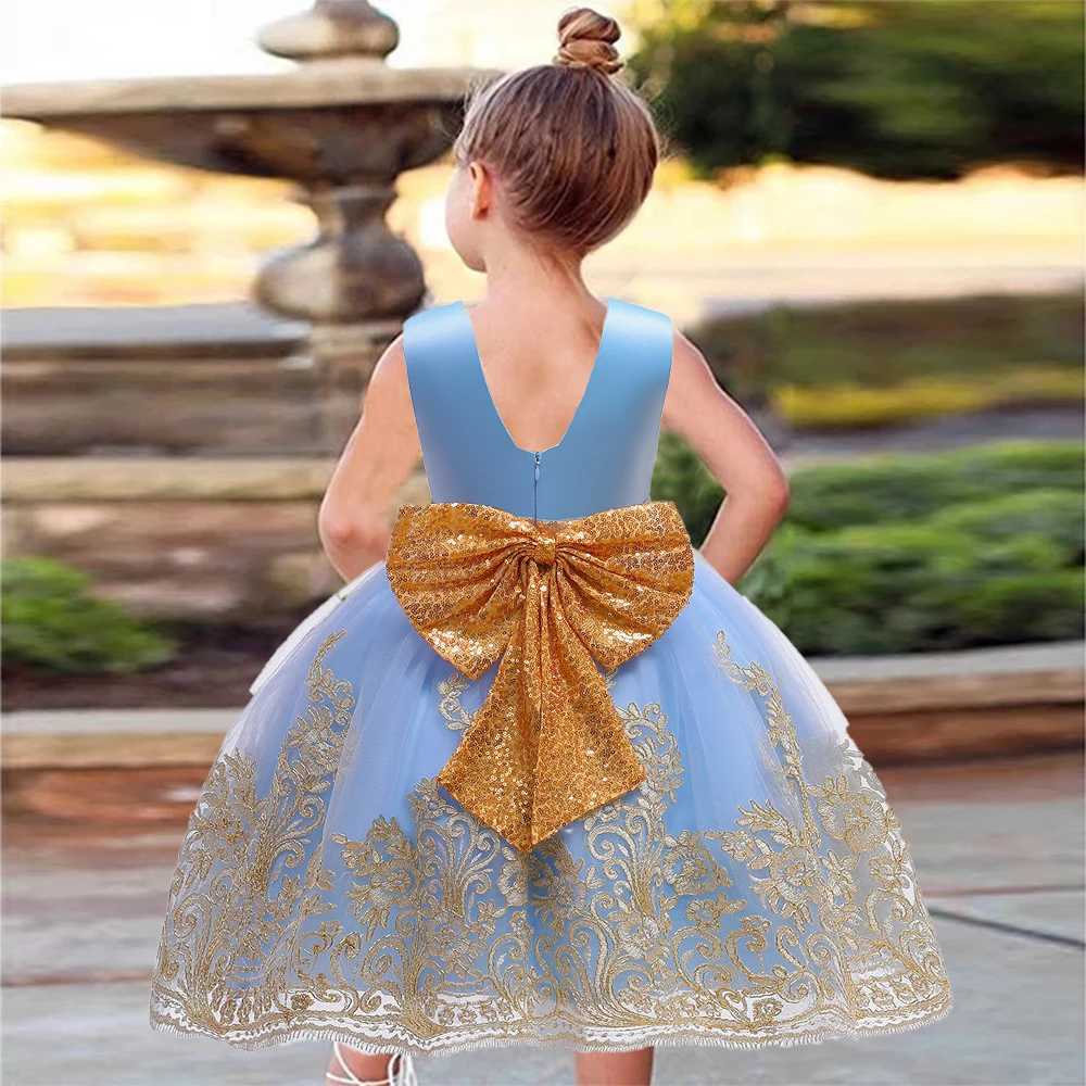 Vintage Girls Big Bow Wedding Bridesmaid Party Dress Kids Flower Embroidery Fashion Dresses Young Girl V-neck Clothes New Wear X250203