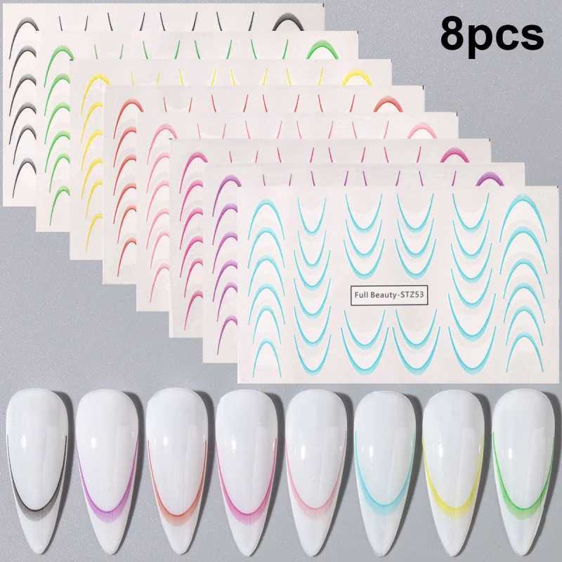 8pcs Gradient French Line Water Nail Stickers Set Colorful Stripe Ombre Designs Decals Guides for DIY Decoration Stencil ToolsXJ250120