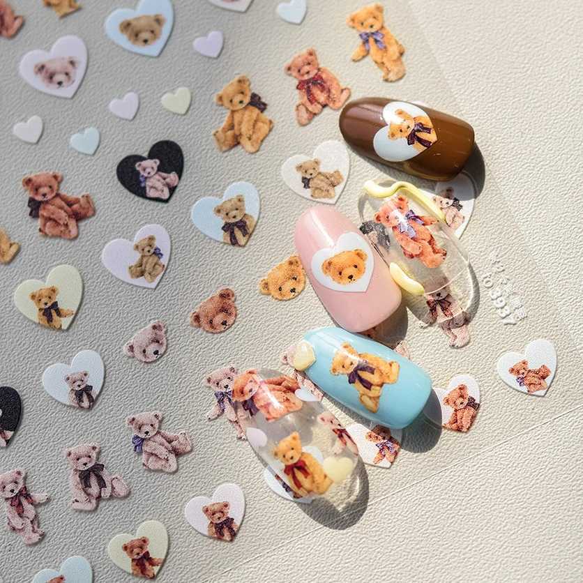 Cute Love Heart Bear Cream Cake Bread Flower Bowknot Cartoon Bunny Embossed Relief Self Adhesive Nail Art Sticker Manicure DecalXJ250120