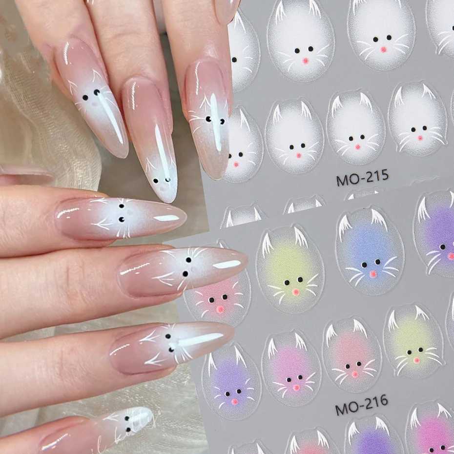 Cute White Cat Nail Stickers Decals 5D Kitten Ink Blooming Flowers Nail Art Decoration Kawaii Cartoon Decals Summer ManicureXJ250120