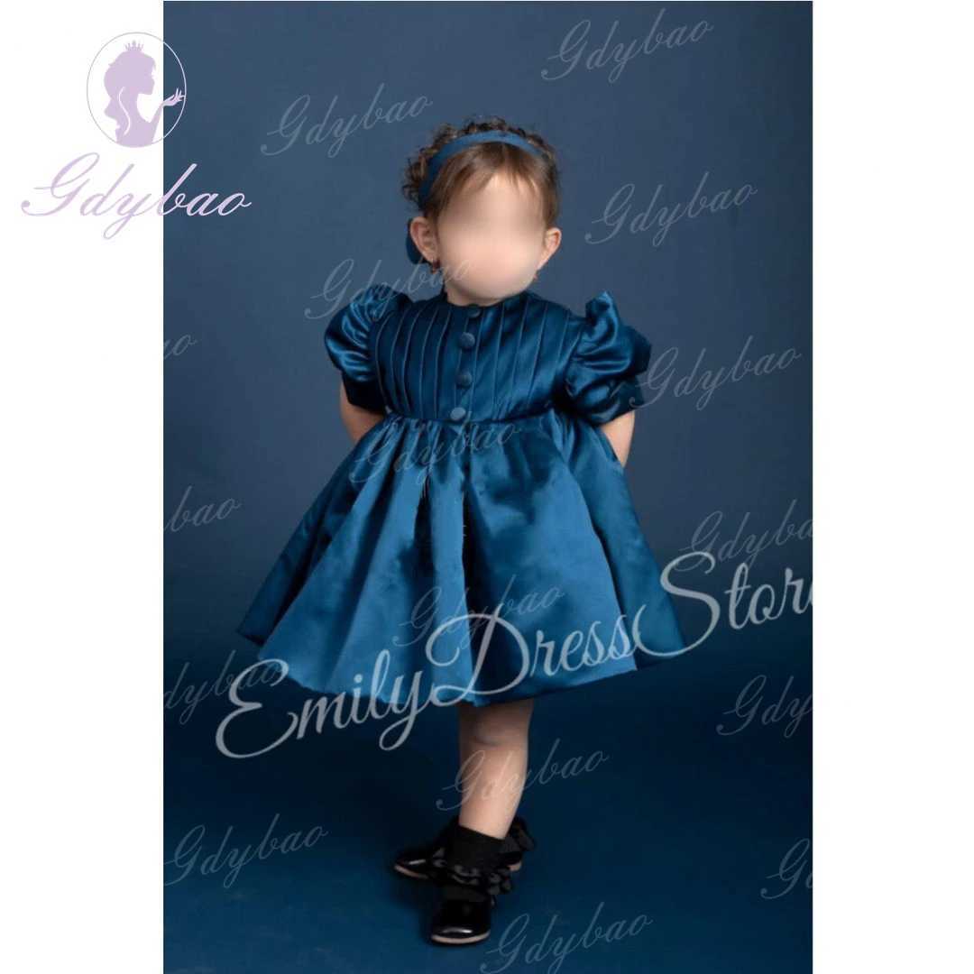 Customized satin floral girl wedding dress for wedding knee length high waist fluffy royal blue childrens birthday party first Communion dress X250203