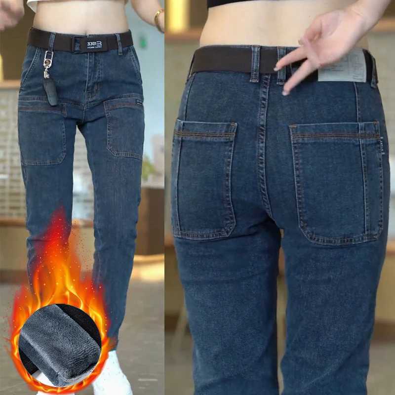2024 New Mens Fleece Slim Jeans Stretch Skinny Multi Pocket Fashion Designer Denim Trousers Male Brand Clothes Pants Streetwear W250118