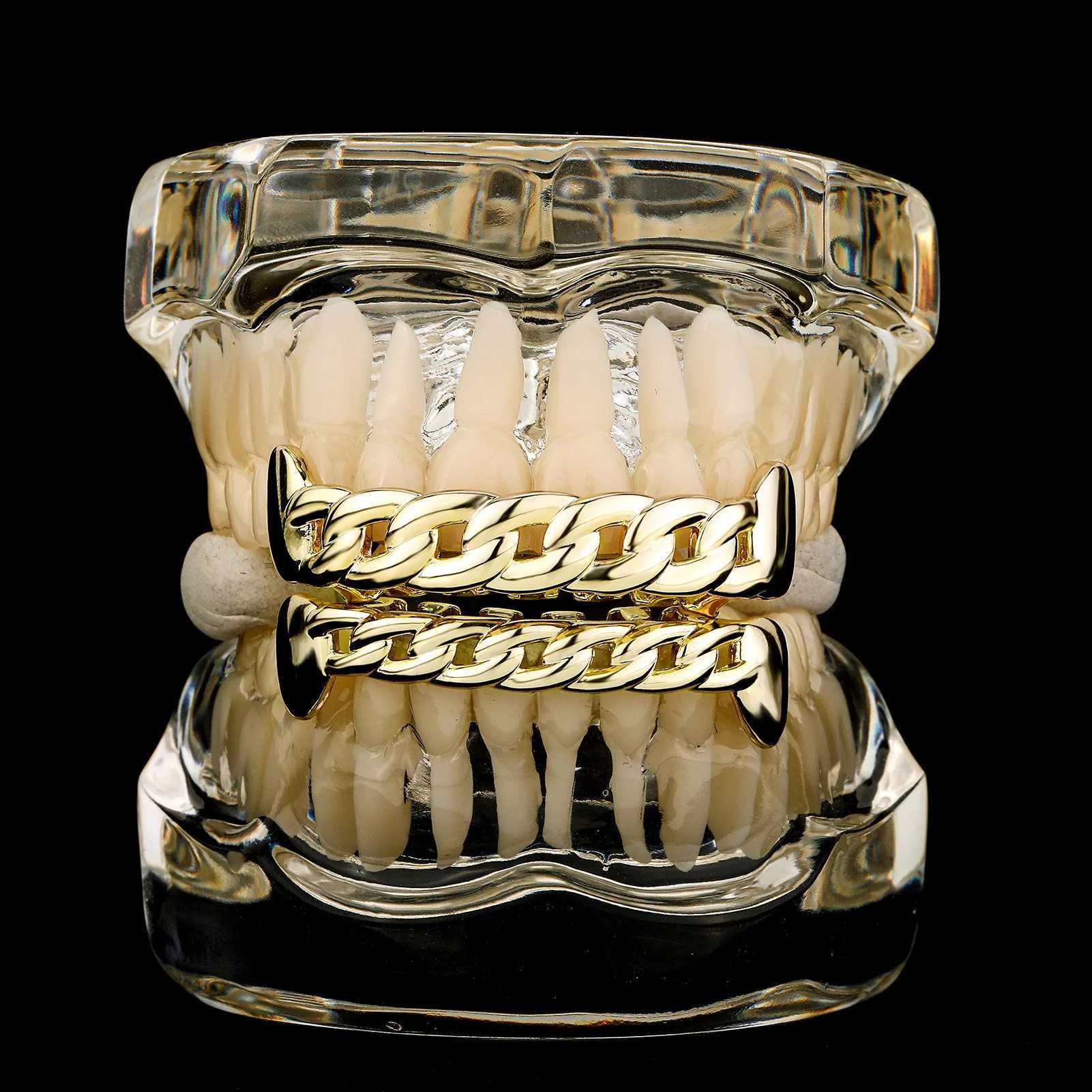 RACHELZ Hip Hop Glossy Cuban Chain Teeth Grillz Top Bottom 14K Gold Plated Hollow Tooth Caps For Women Men Body JewelryXJ250114