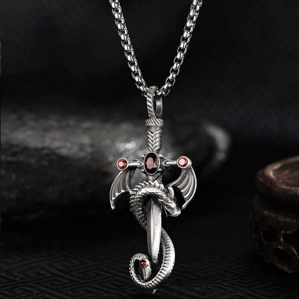Vintage Silver Color Dragon Sword Cross Pendant Necklace for Men Womens Goth Punk Long Chain Necklace Hip Hop JewelryXJ250121