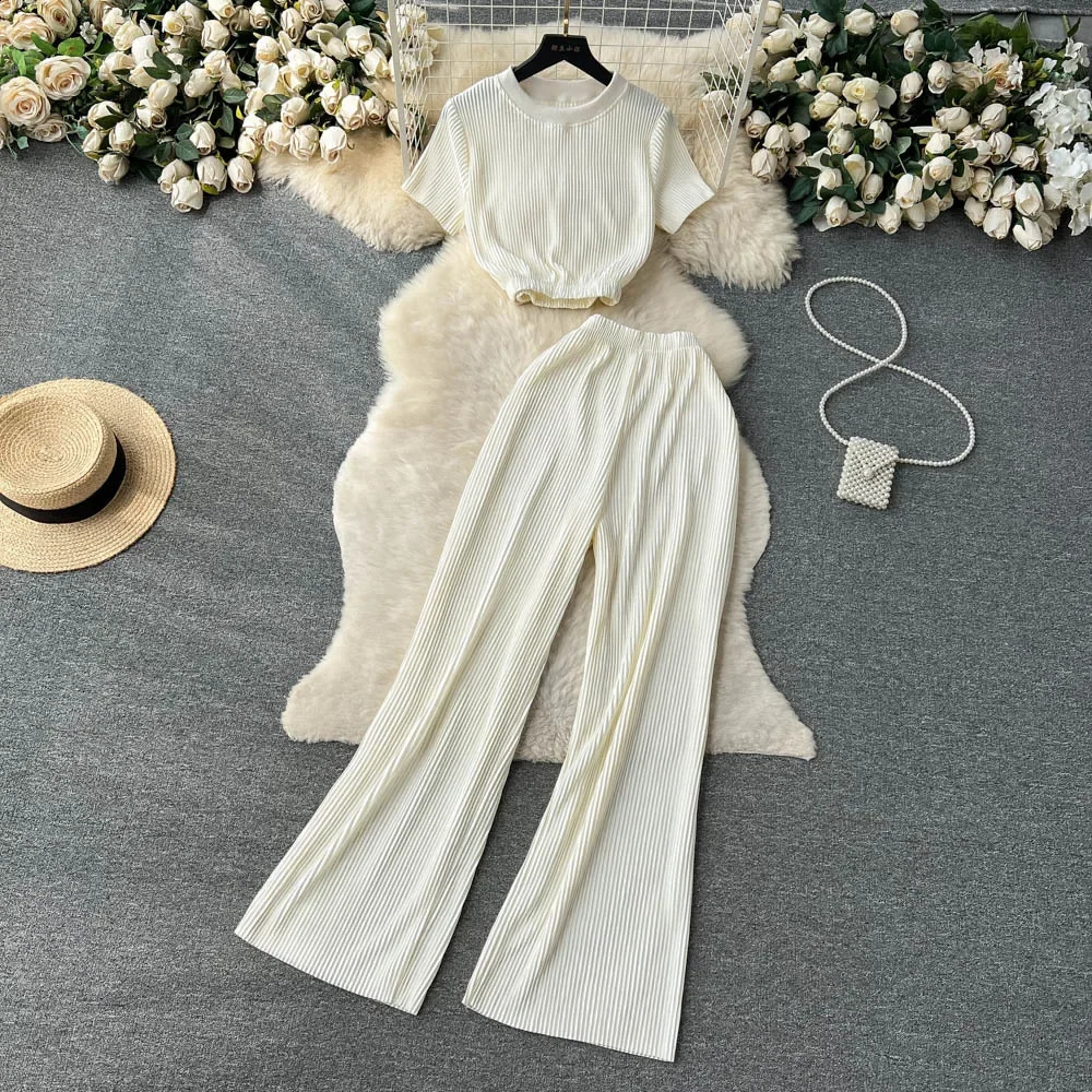 Fashion Solid Casual Two Pieces Sets Women Short Sleeve Crop TopWide Legs Long Pants Summer Beach Sporty Slim Tracksuit 250118