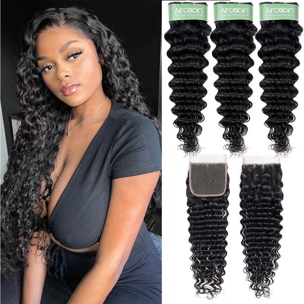 Aircabin Deep Wave Bundles With Clo Double Weft Remy Hair Wet and Wavy Bundles With 4x4 Lace Clo Deep Curly 3/4 BundlesXJ250120