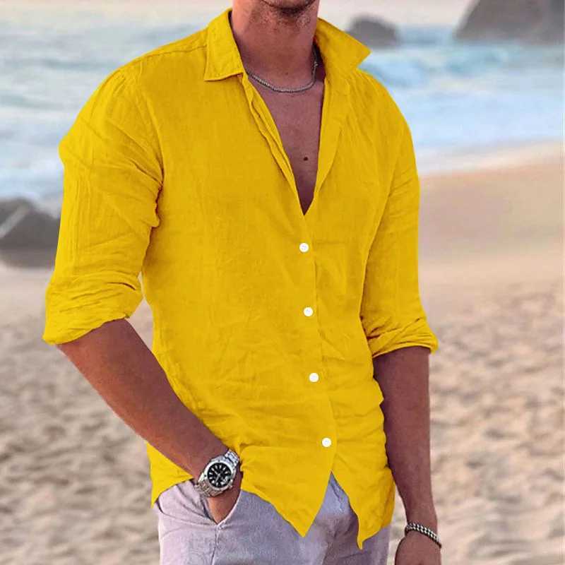 2024 Mens Linen Lapel Long Sleeve Shirt Hawaiian Solid Color Casual Beach Top Loose Breathable Fashion Large Size Top XS-6XLXJ250121