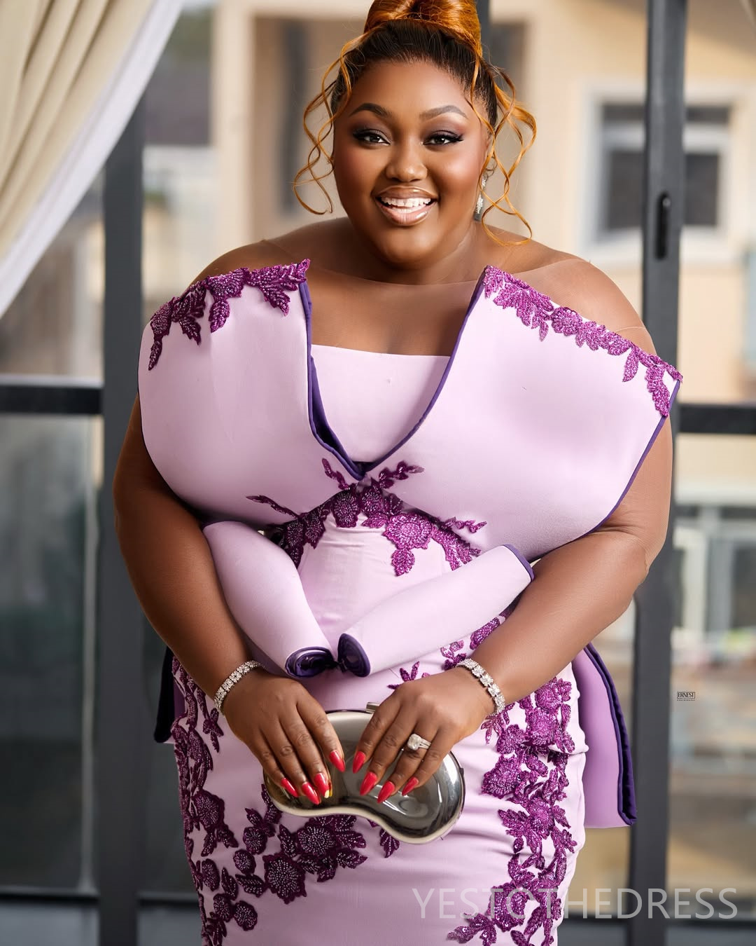 2025 Plus Size Light Purple Prom Dresses Mermaid Evening Gowns For Black Women Applique Sheer Neck Long Sleeves Beaded Birthday Dress Second Reception
