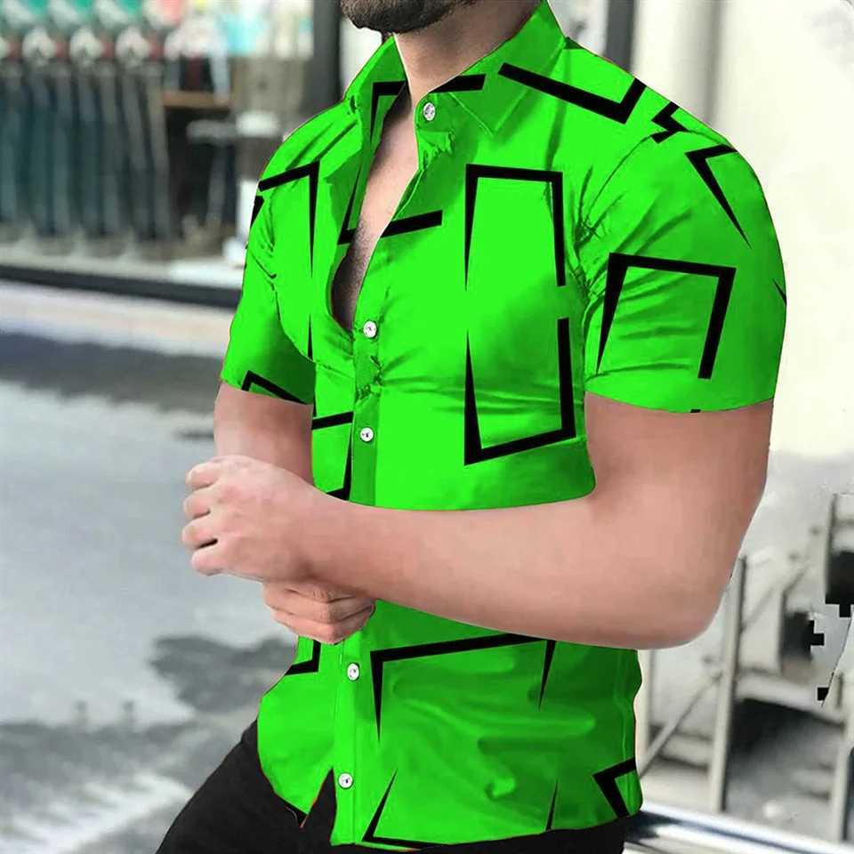 Mens Geometric Lines Solid Color Printed Shirt Short Sleeve Button Comfortable Mens Shirt Hawaii Business Leisure Vacation TopXJ250121