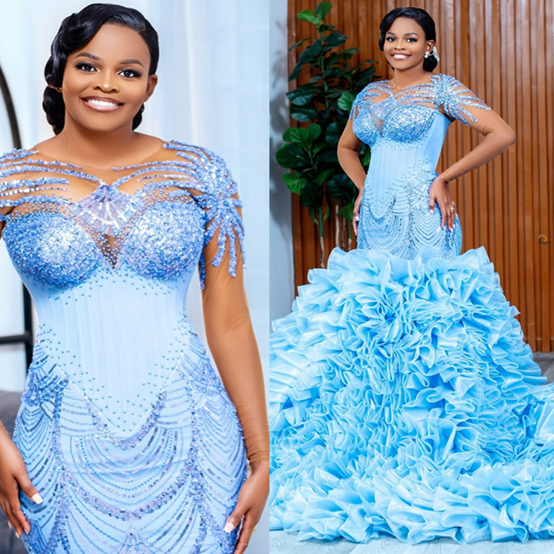 2025 Plus Size Sky Blue Aso Ebi Prom Dress Detachable Train Mermaid Evening Gowns Sheer Neck Long Sleeves Beaded Lace Birthday Dress Second Reception 