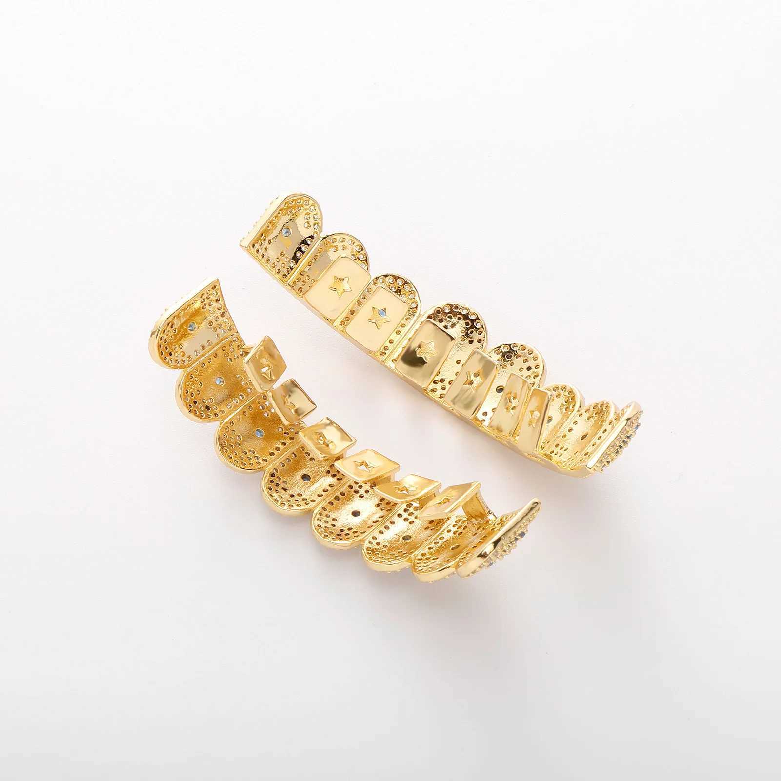 RACHELZ 2024 8/8 Blue Color Star Cubic Zircon Teeth Grillz Hip Hop CZ Stone Tooth Caps For Women Men Body JewelryXJ250114