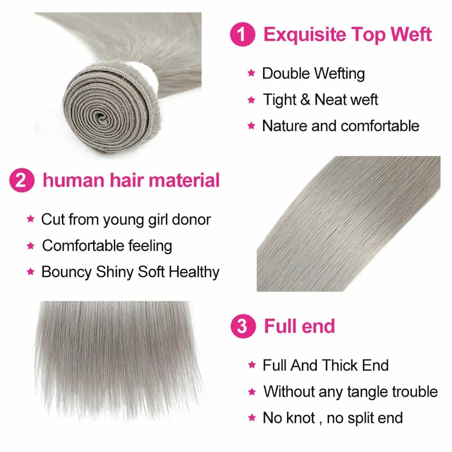 Brazilian Straight Bundle With Clo 4x4 Silver Grey Color 3 Bundles With Clo Gray Remy 100% Human Hair Bundles KEMY HAIRXJ250120