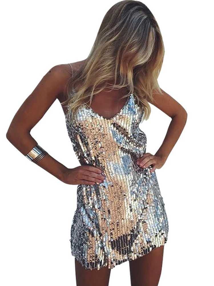 Deep V Neck Silver Sequined Backless Sexy Dress Women Off Shoulder Mini Dress Short Christmas Party Club Strap Dresses VestidosXJ250115