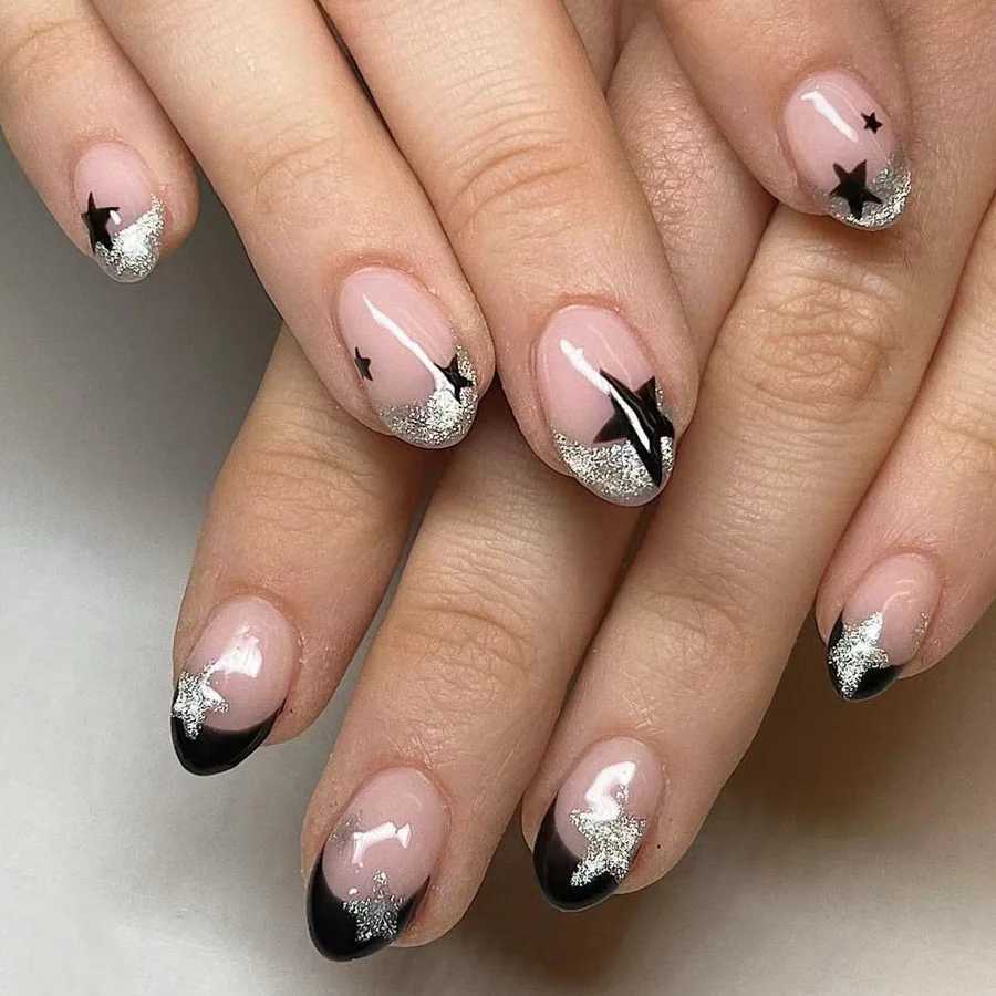 Short Square Fake Nails Y2K Style Nails Press on White/Black French Tips Star Diamond Designs False Nails for y2k Girls 24PcsW250120