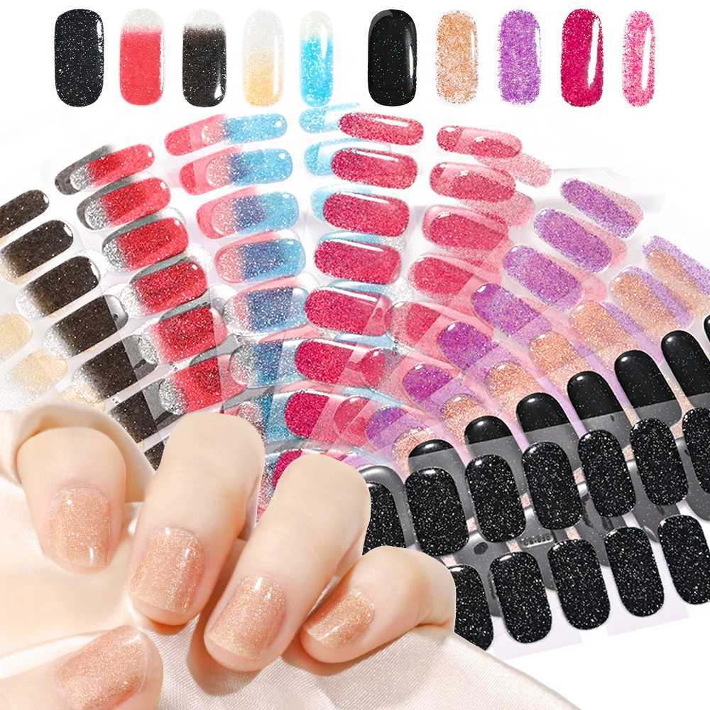 16Tips UV Semi-Cured Gel Nail Art Stickers Glitter High-Gloss Water-Proof Polish Wraps Full Cover Manicure Press On Nails PatchXJ250120