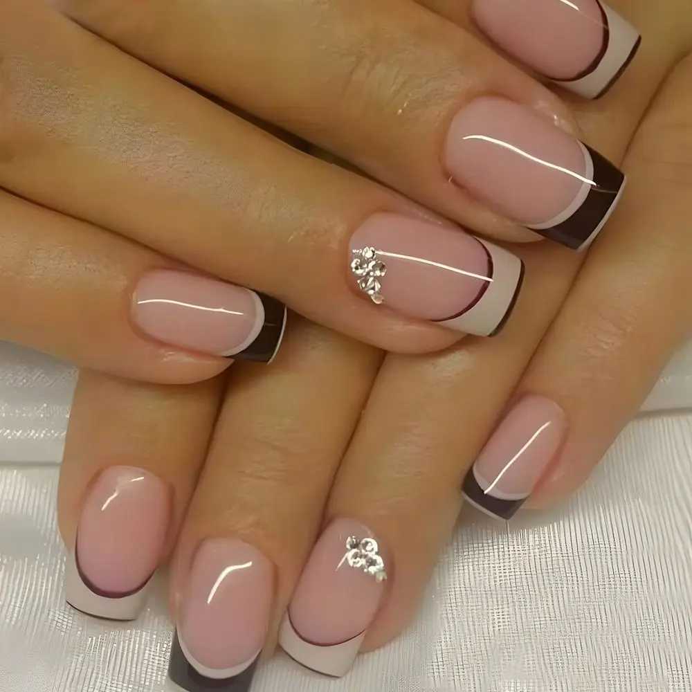24pcs Long Square False Nails French Love Foil White s Black White s Fake Nails Full Cover Press on Nails Nail TipsW250120