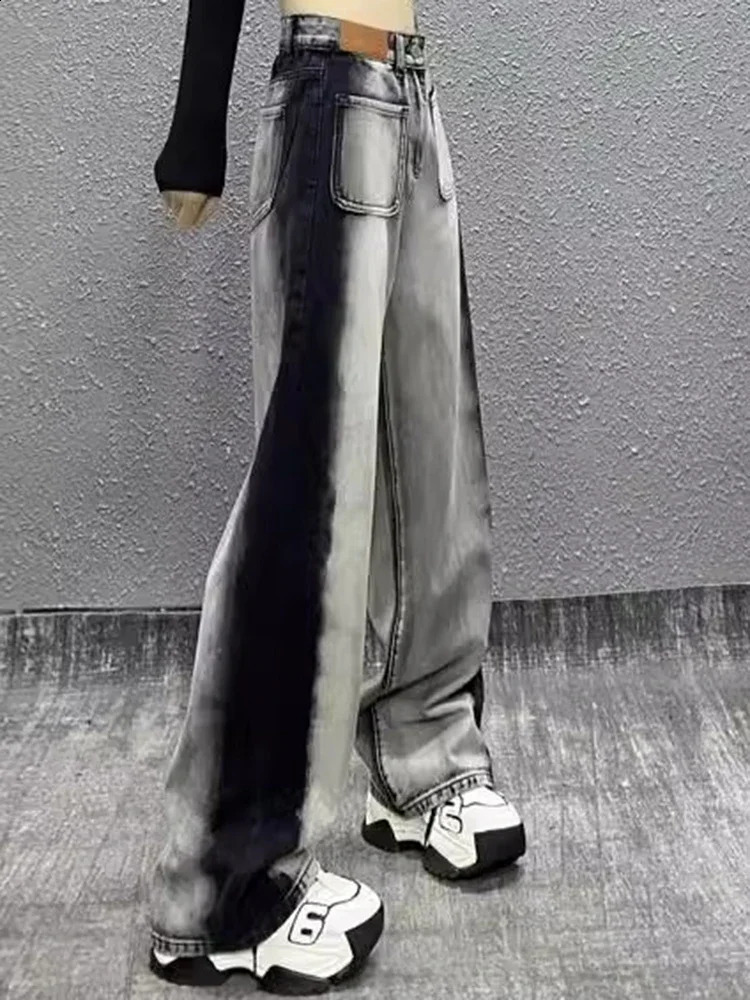 Women High Waist Slim Fit Wide Leg Jeans Girls Street Denim Straight Pants Female Black White Gradient Loose Trousers 250122