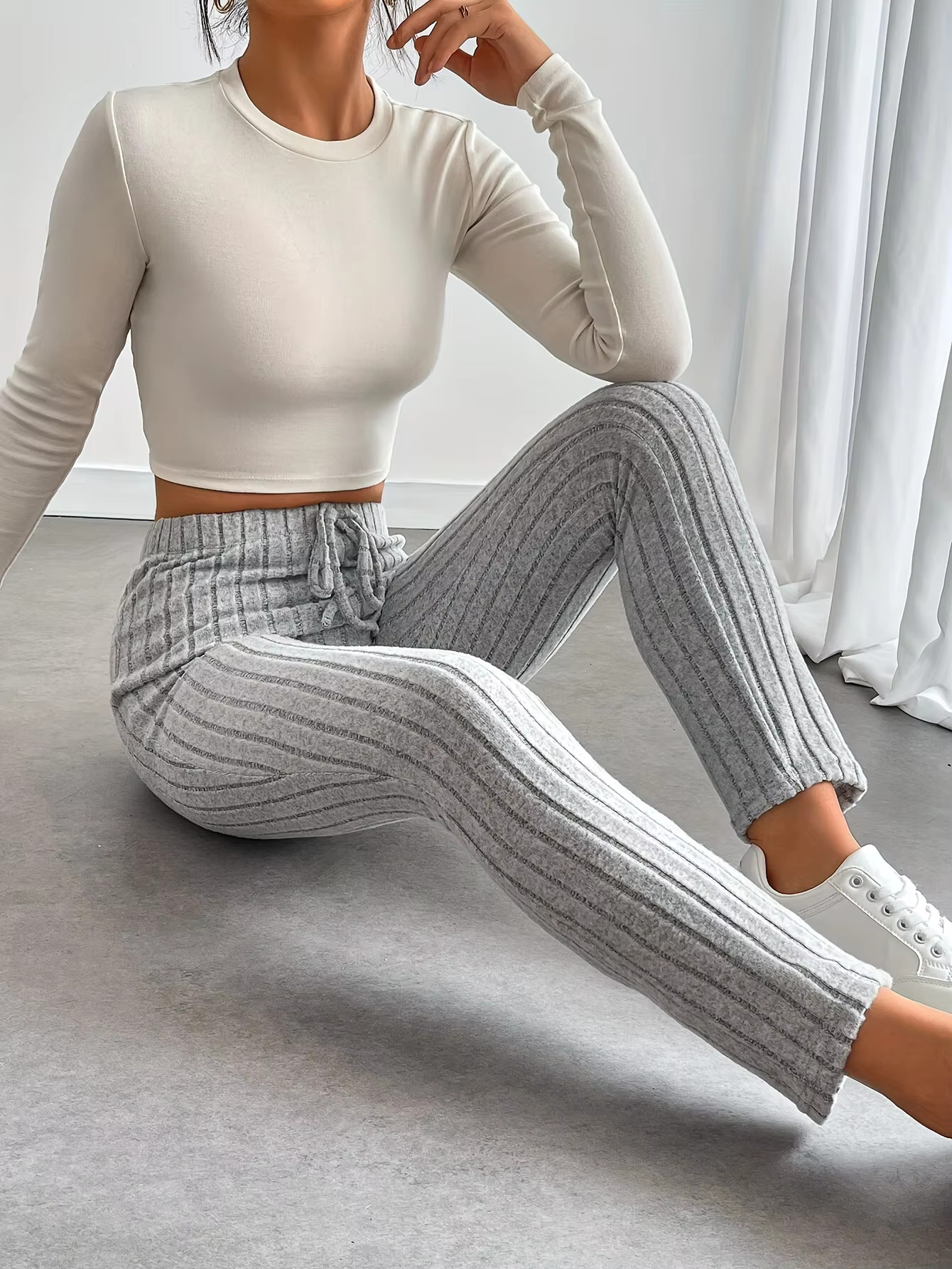 Women's Tailored Pants With Drawstring Design, Soft And Comfortable Knitted Fabric, Versatile