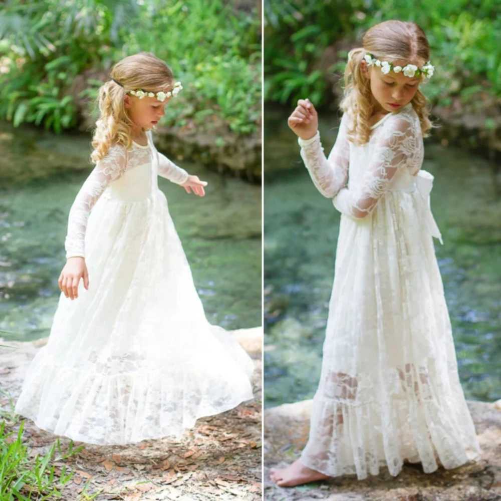 Kids Christening Wedding Bridesmaid Clothes 2-14 Year Flower Girl Dresses White Beige Long Sleeve Summer Dress Communion Toddler X250203