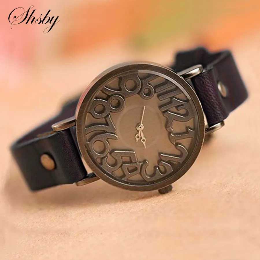 Shsby New Vintage Digital Hollow Genuine Cow Leather Strap Watches Wen Dress Watches Fem Quartz Watch Student Leisure Watch X250203