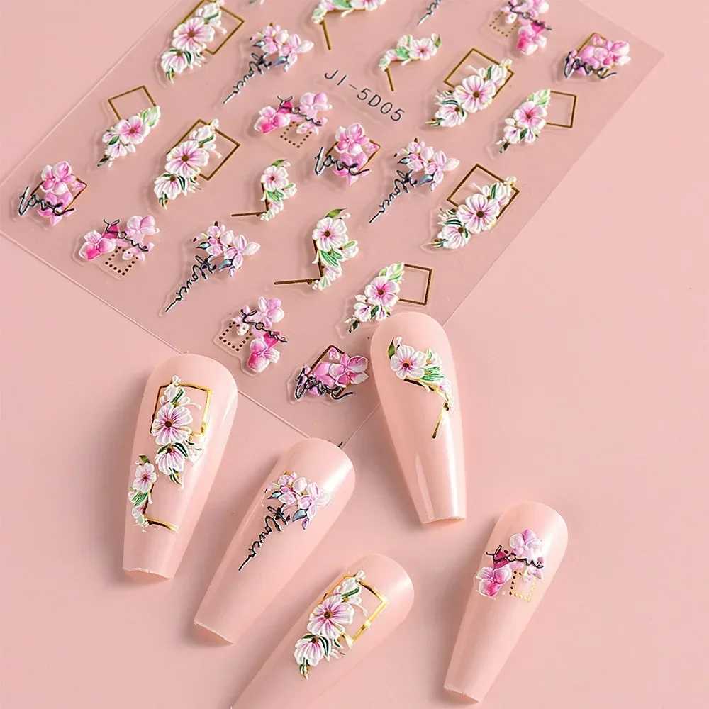 5D Nail Stickers Flowers Geometric Lines Decor Acrylic Embossed Sliders Gold Frame Nail Decals Cherry Blossom Manicure Nail ArtXJ250120