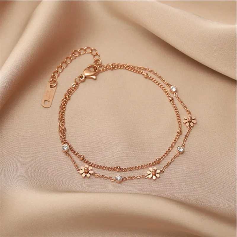 316L Stainless Steel New Fashion Fine Jewelry 2 Layer Embed Zircon Daisy Flowers Charm Chain Bracelets Bangles For Women W250121