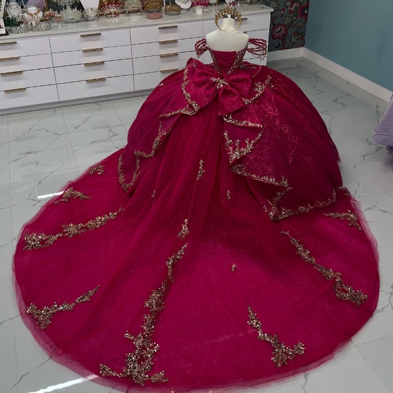 Rose Red Quinceanera Dresses Ball Gown Off Shoulder Sequin Appliques Lace Beads Bow Tull Corset Birthday Party Sweet 16 Dress VesVestidos 15 De Anos