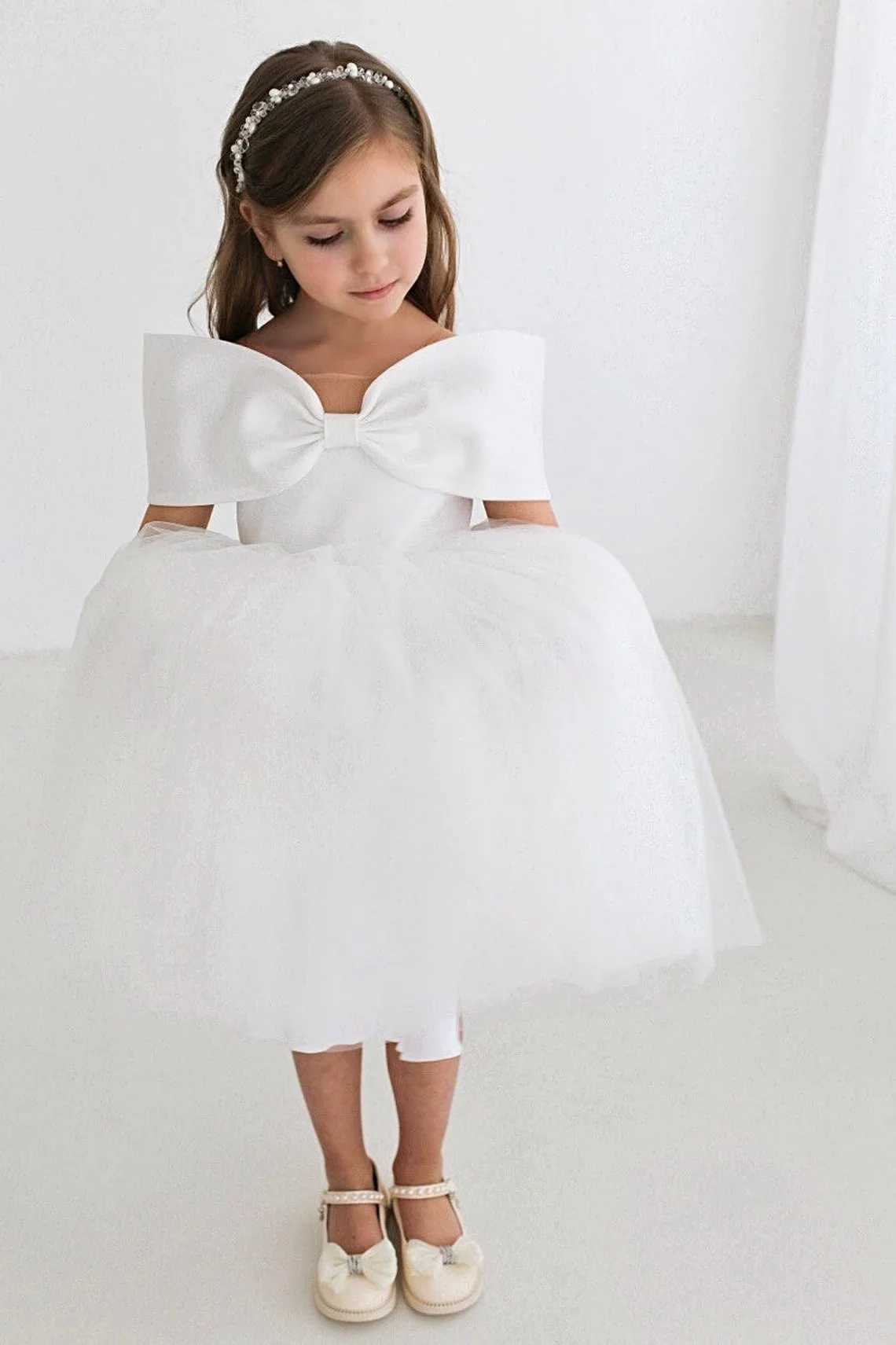 White shoulder flower girl wedding dress princess chiffon birthday party short skirt first communion baptismal dress X250203