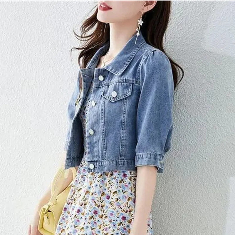 Vintage Crops Trendy Turn Down Collar Jackets Women Basic Solid Outwear Half Sleeve Denim Fit Harajuku Street Denim Jacket Women 250121