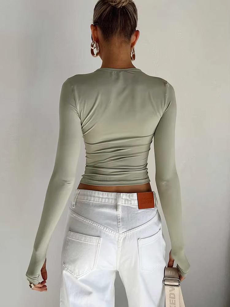 Fashion Women's T-shirt Long Sleeved Round Neck Solid Color Slim Fit Designer T-shirt Women's Crop Top With Thumb Hole Suitable For Daily St