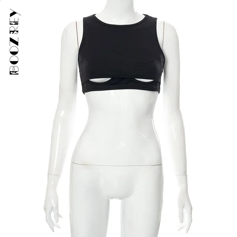 BoozRey Sexy Chest Hollow Out Black Crop Top Sleeveless Tank Tops Women Nightclub Striptease Allure Summer Short Vest 250120