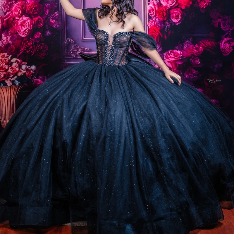 Black Quinceanera Dresses Ball Gown Off The Shoulder Beading Crystal Bow Tull Corset Party Birthday Sweet 16 Dress Vestidos 15 De Anos