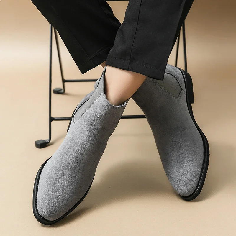 Gray Chelsea Boots for Men Flock Business Men Ankle Boots Cowboy Boots Handmade Men Size 38- Zapatos De Hombre 250120