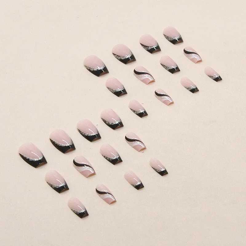 Black French 24 Pcs Press on Nails Pink Gradient Fake Nails Glossy Artificial Finger Manicure Reusable False Nails for WomenW250120