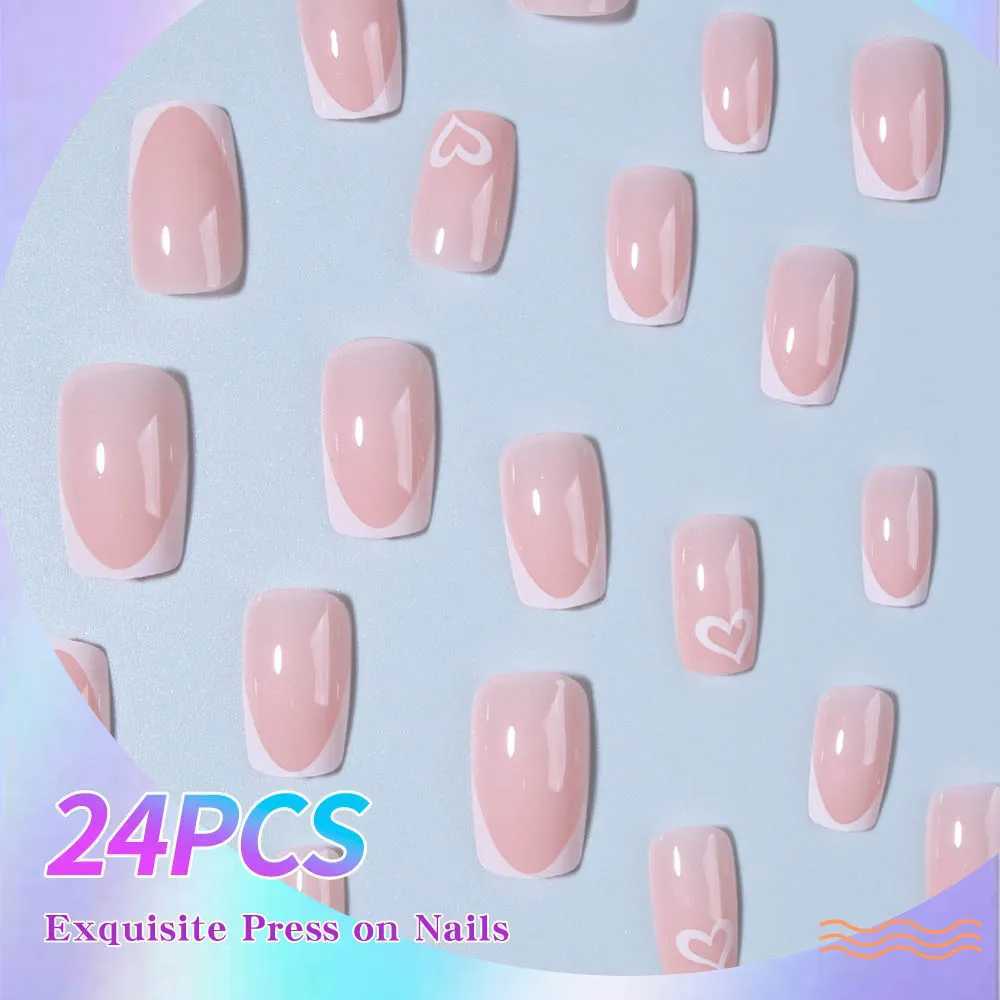 24pcs short square press nails white French nails with heart decoration short coffin shaped fake nails for women and girls inW250120