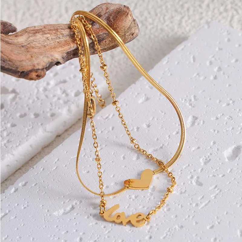 18K Gold Plated Stainl Steel Heart Words Charms Layered Flat Snake Chain Anklets for Women Waterproof Foot JewelryXJ250121