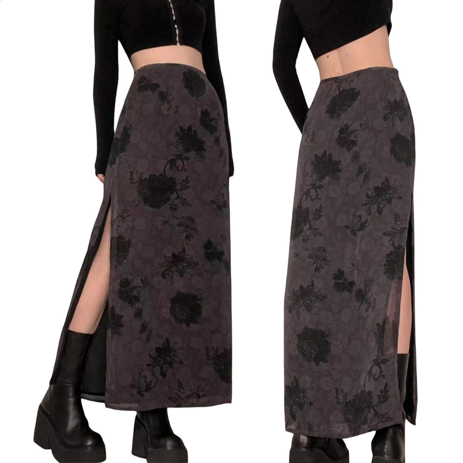Women Gothic Grunge Y2K Skirts High Waist Floral Split Bodycon Long Skirt 2023 Summer Casual Bohemian Streetwear 250110