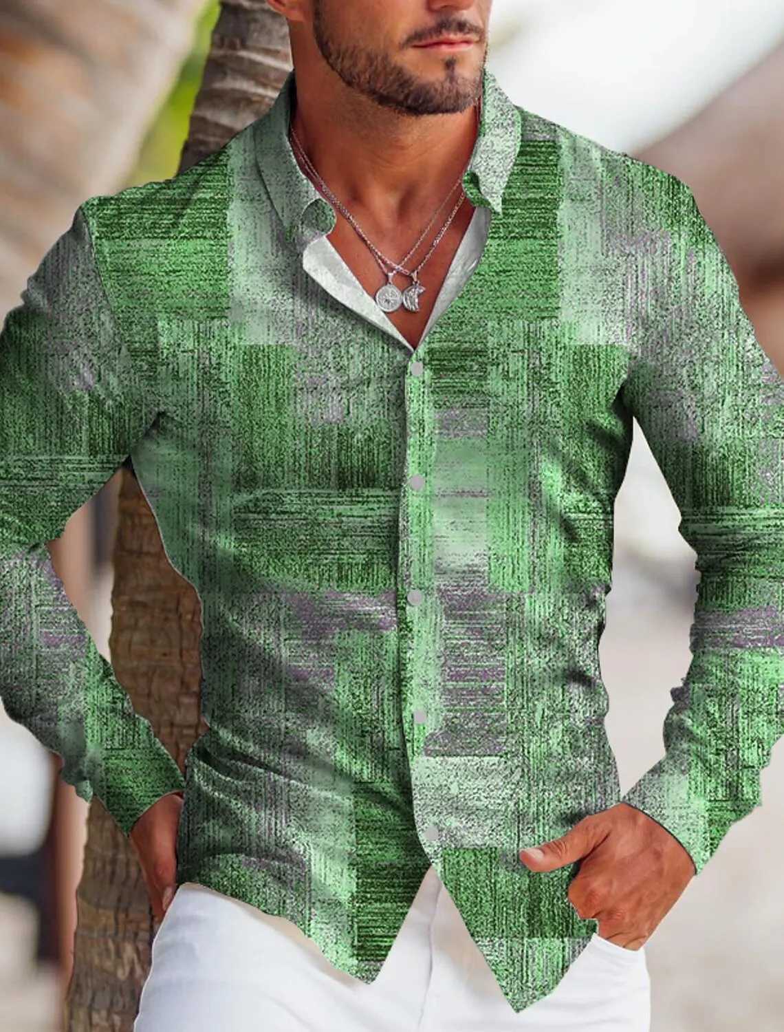 New Fall Mens Shirt Oversized Casual Shirt Line Printed Long Sleeve Button Mens Clothing Beach Cardigan Shirt MenXJ250121