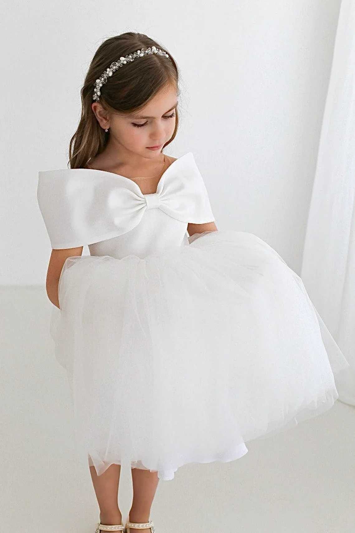 White shoulder flower girl wedding dress princess chiffon birthday party short skirt first communion baptismal dress X250203